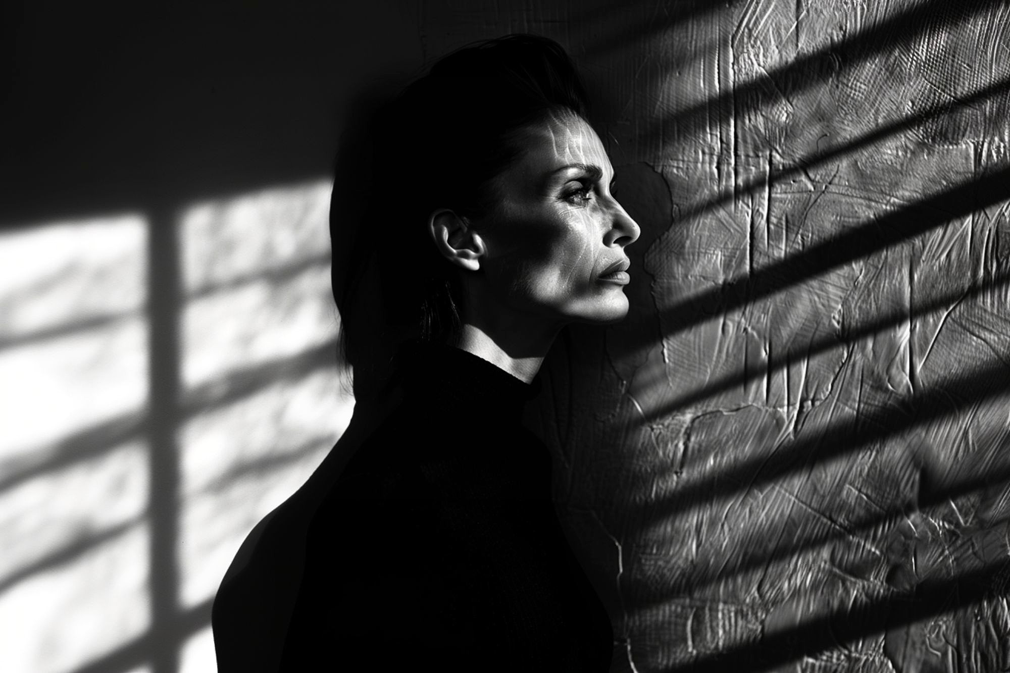 A person with short hair and a serious expression stands in profile against a textured wall, with dramatic shadows and light patterns from window blinds cast across their face and the wall.