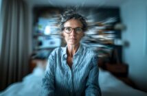 A person with short hair and glasses sits on a bed, looking serious. The background is blurred with a zoom effect, drawing focus to their face and creating a sense of intensity or overwhelm.