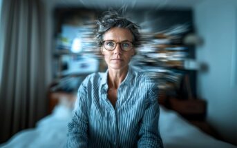 A person with short hair and glasses sits on a bed, looking serious. The background is blurred with a zoom effect, drawing focus to their face and creating a sense of intensity or overwhelm.