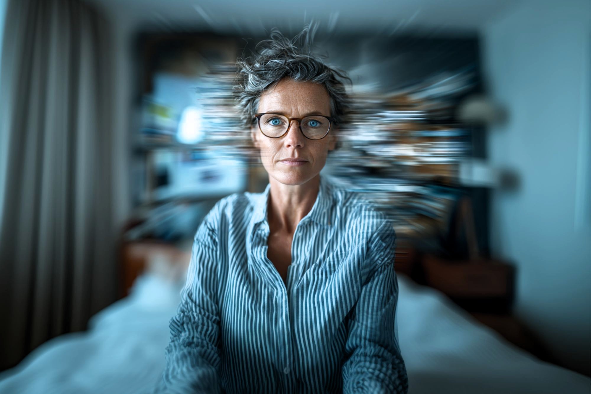 A person with short hair and glasses sits on a bed, looking serious. The background is blurred with a zoom effect, drawing focus to their face and creating a sense of intensity or overwhelm.