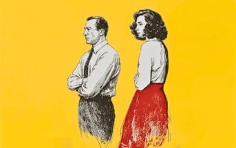 Illustration of a man and woman standing side by side against a yellow background. The man has his arms crossed, and the woman is wearing a red skirt and looking to the side.