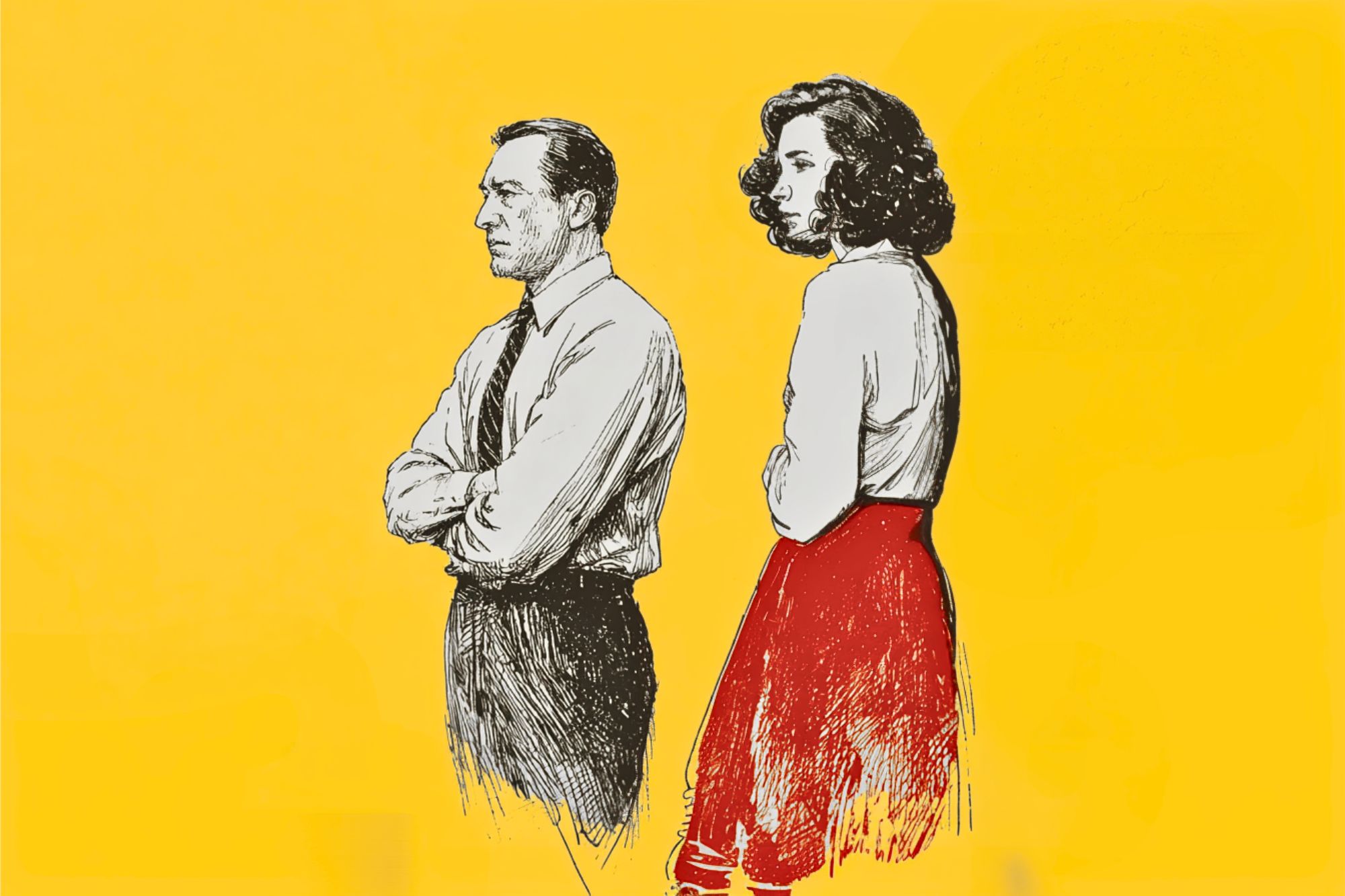 Illustration of a man and woman standing side by side against a yellow background. The man has his arms crossed, and the woman is wearing a red skirt and looking to the side.