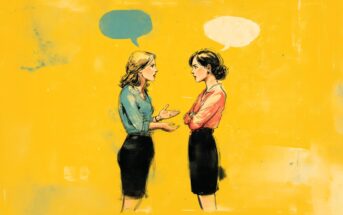 An illustration of two women standing and facing each other, one gesturing with her hands while the other listens with arms crossed. Both have speech bubbles above their heads. The background is bright yellow.