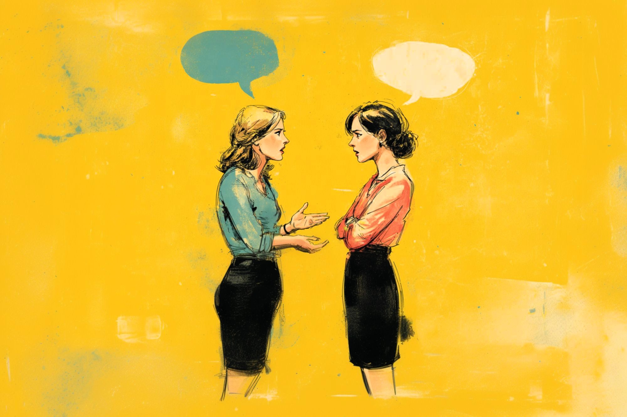 An illustration of two women standing and facing each other, one gesturing with her hands while the other listens with arms crossed. Both have speech bubbles above their heads. The background is bright yellow.