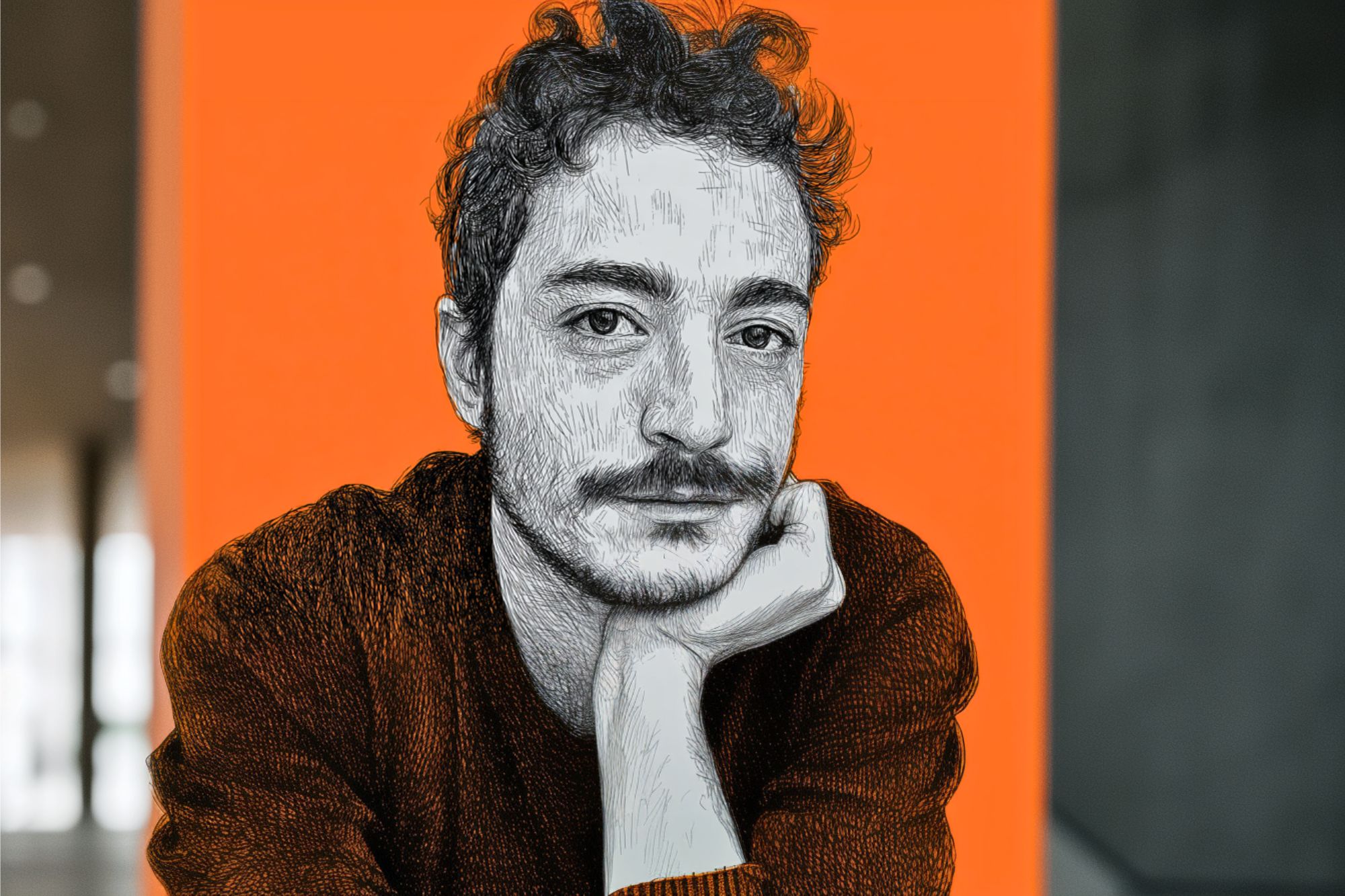 A stylized portrait of a person with curly hair and a mustache, resting their chin on their hand, set against a bright orange background with blurred indoor surroundings.