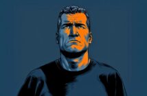 A digital illustration of a serious-looking man with short hair, lit dramatically in orange and blue tones, gazing upward against a dark blue background.