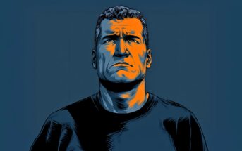 A digital illustration of a serious-looking man with short hair, lit dramatically in orange and blue tones, gazing upward against a dark blue background.