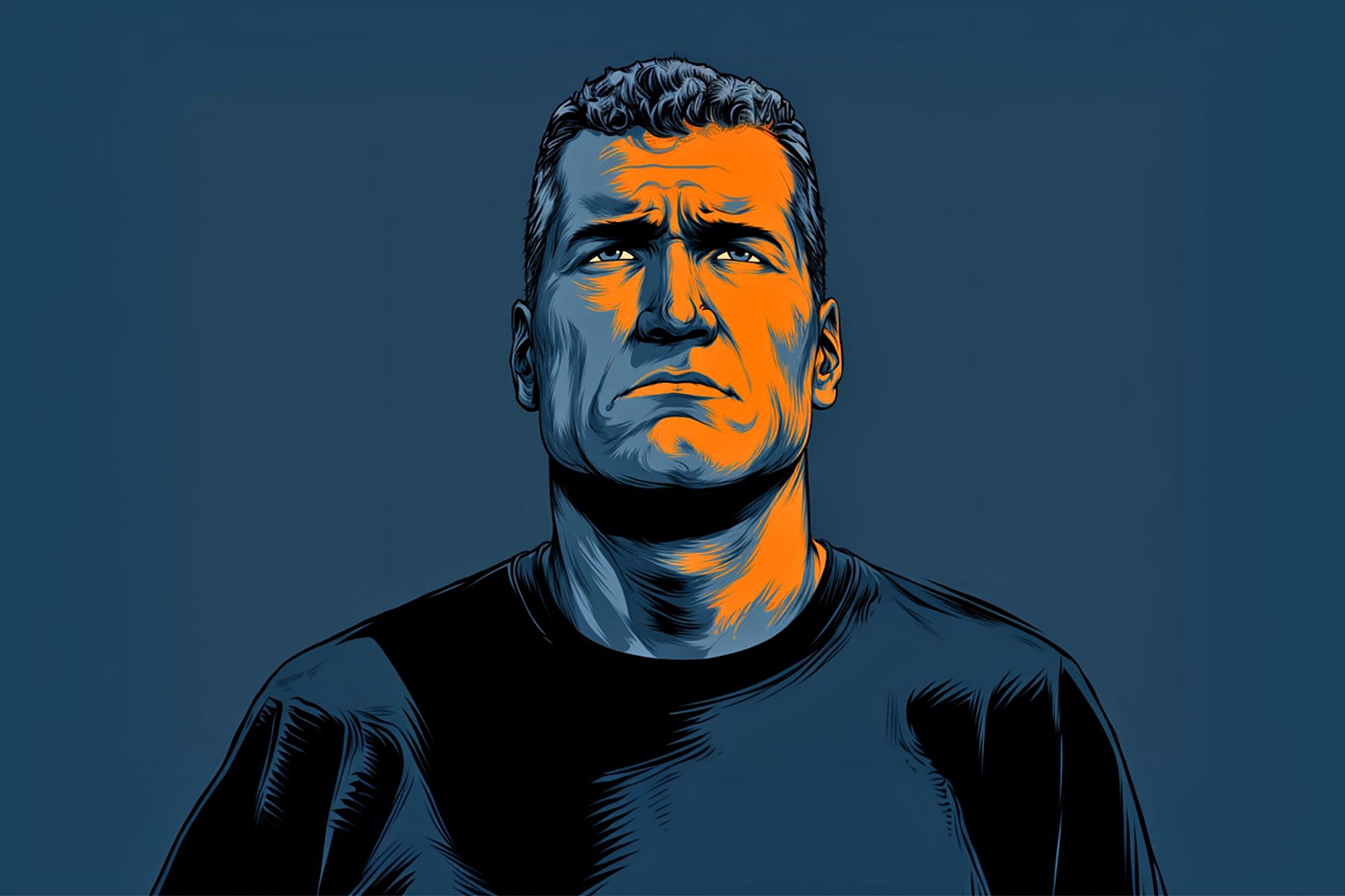 A digital illustration of a serious-looking man with short hair, lit dramatically in orange and blue tones, gazing upward against a dark blue background.