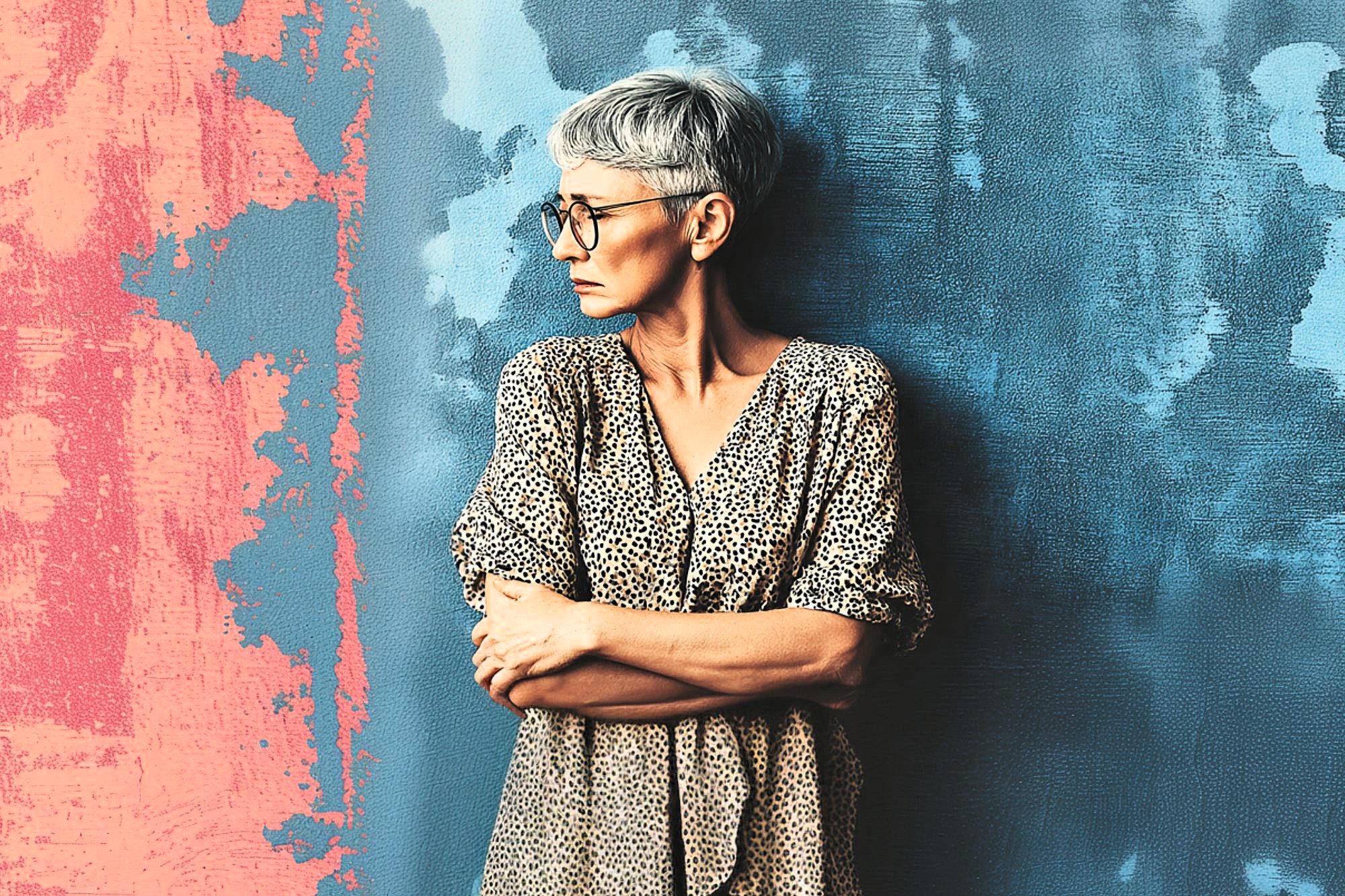 Older woman with short gray hair and glasses stands against a textured wall painted blue and pink, looking to her left with arms folded, wearing a spotted, loose-fitting dress.
