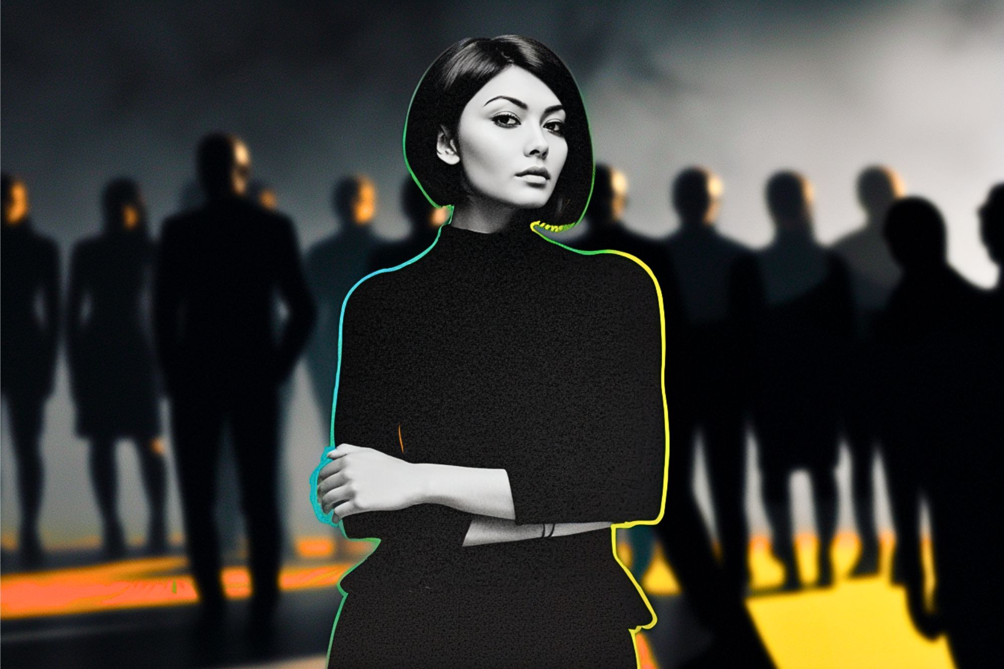 A confident woman with short dark hair stands in the foreground, arms crossed, with a blurred group of people behind her in a dramatic, shadowy setting.