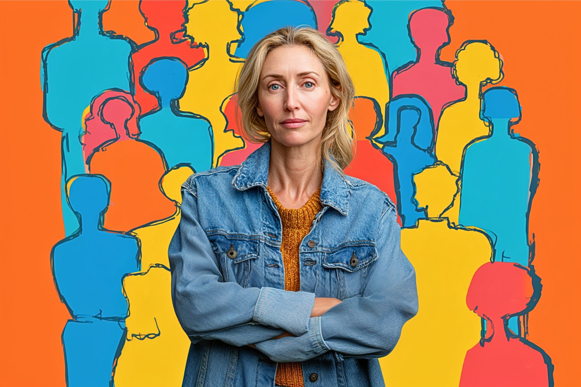 A woman with blond hair, wearing a denim jacket and orange sweater, stands with arms crossed. Behind her is a colorful, abstract background featuring outlines of people in blue, yellow, and orange.