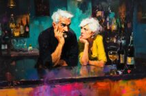 A painting of an older man and woman with white hair sitting at a bar, leaning on the counter, facing each other thoughtfully. Bottles and glasses are visible on the bar, with vibrant, expressive brushstrokes throughout.