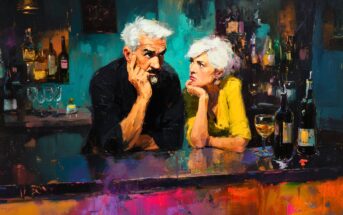 A painting of an older man and woman with white hair sitting at a bar, leaning on the counter, facing each other thoughtfully. Bottles and glasses are visible on the bar, with vibrant, expressive brushstrokes throughout.