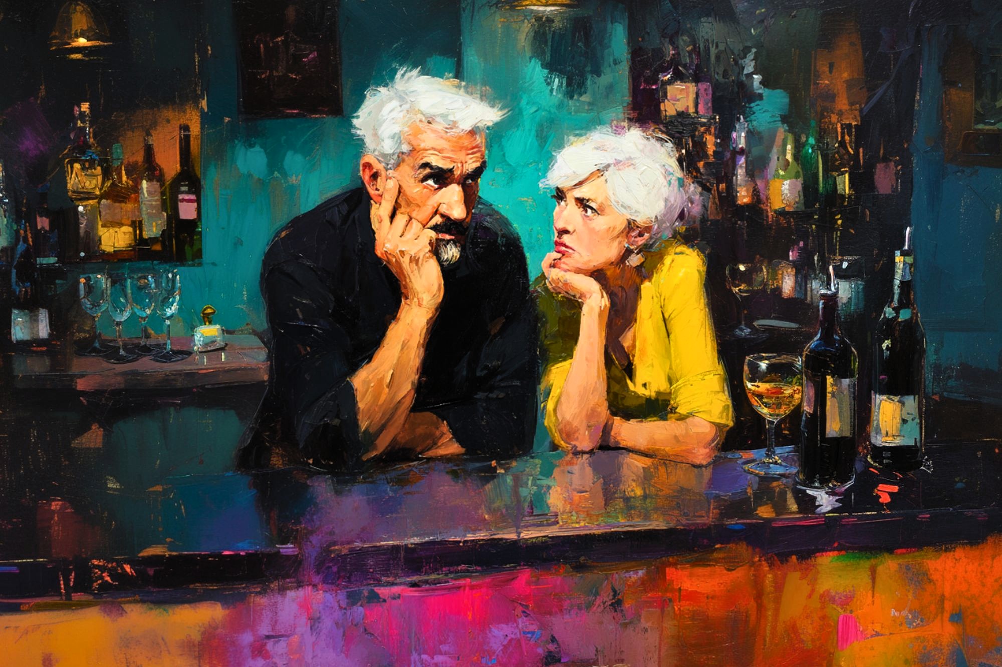 A painting of an older man and woman with white hair sitting at a bar, leaning on the counter, facing each other thoughtfully. Bottles and glasses are visible on the bar, with vibrant, expressive brushstrokes throughout.