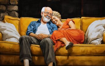 An elderly couple sits closely on a yellow couch, smiling and leaning their heads together. The woman wears an orange dress, and the man is in a blue shirt. They look happy and relaxed in a cozy living room setting.