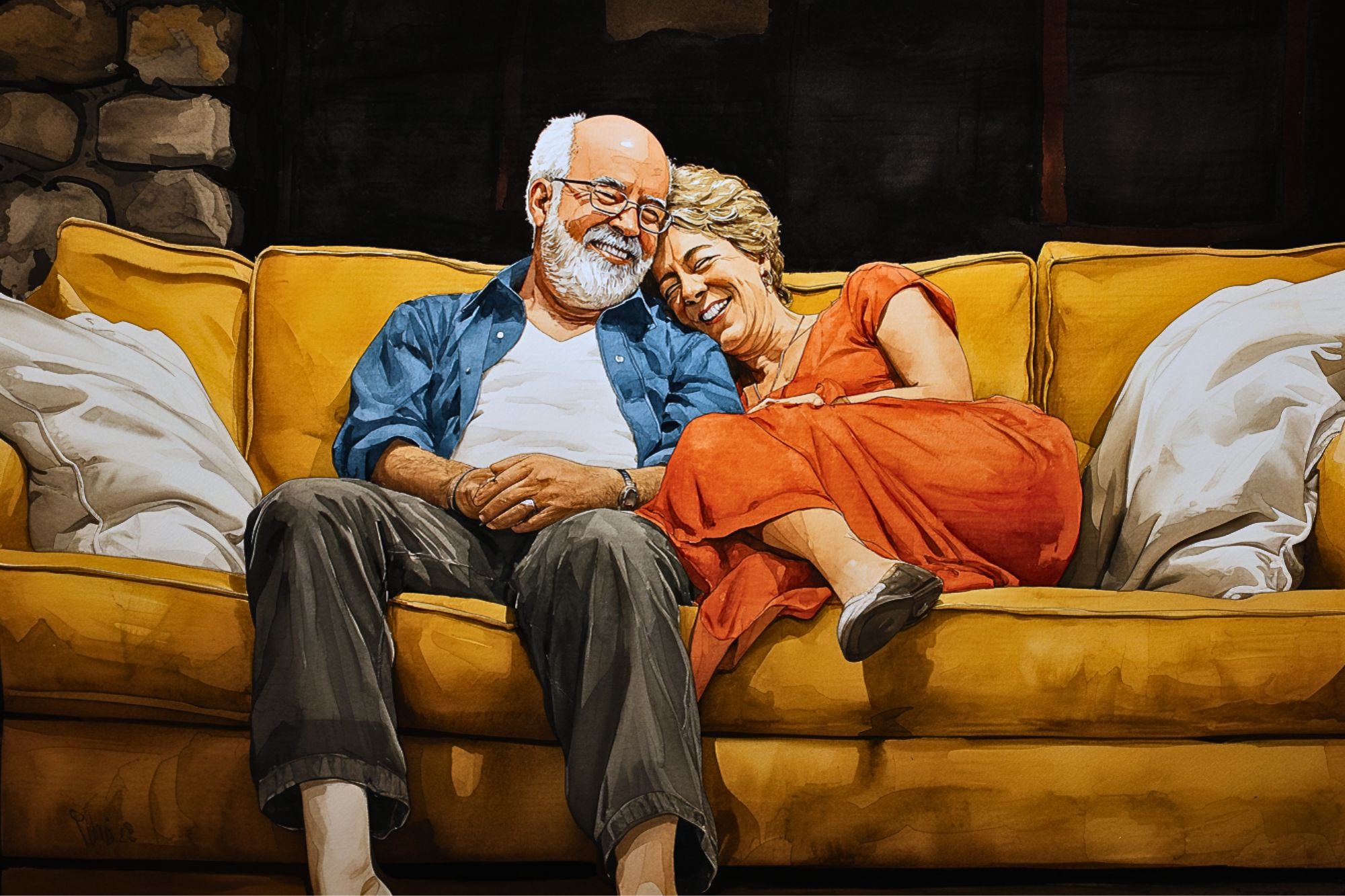 An elderly couple sits closely on a yellow couch, smiling and leaning their heads together. The woman wears an orange dress, and the man is in a blue shirt. They look happy and relaxed in a cozy living room setting.
