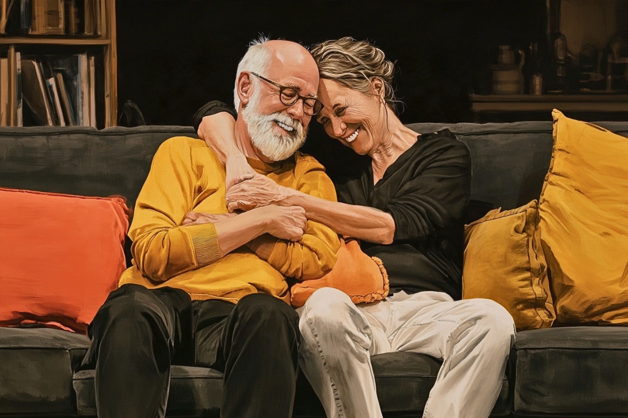 An older couple sitting on a couch, embracing and smiling with their heads resting against each other.