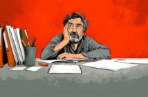 Illustration of a bearded man sitting at a cluttered desk, resting his head on his hand and looking up thoughtfully. The background is bright red and there are scattered papers, folders, and stationery on the desk.