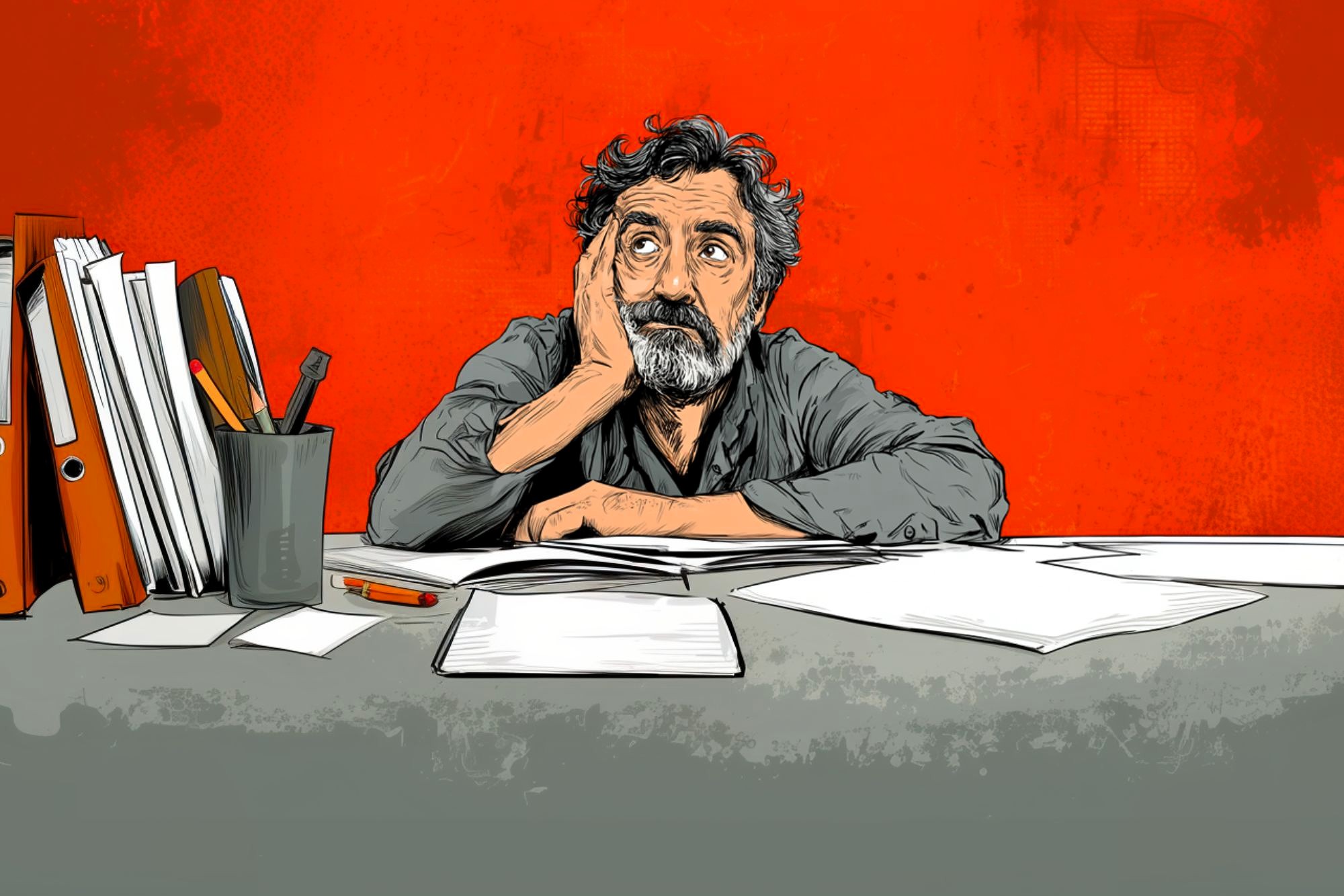 Illustration of a bearded man sitting at a cluttered desk, resting his head on his hand and looking up thoughtfully. The background is bright red and there are scattered papers, folders, and stationery on the desk.