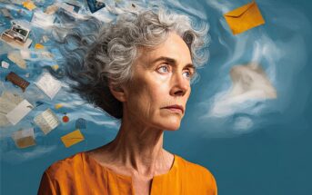 An older woman with gray curly hair, wearing an orange shirt, looks thoughtful. Behind her, letters and papers swirl in the air against a blue background, creating a sense of memories or thoughts in motion.