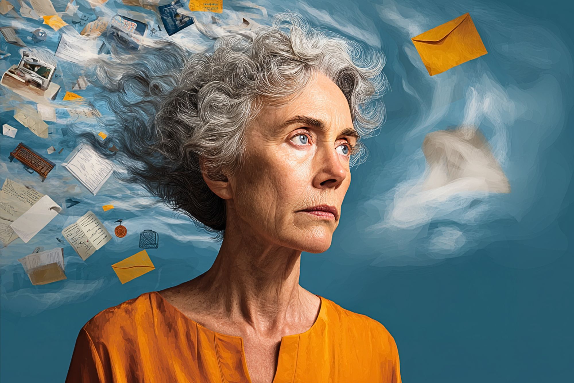An older woman with gray curly hair, wearing an orange shirt, looks thoughtful. Behind her, letters and papers swirl in the air against a blue background, creating a sense of memories or thoughts in motion.