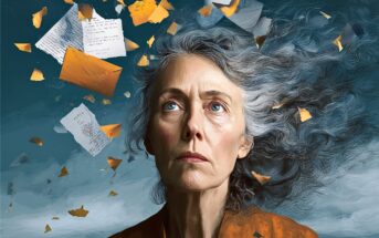 An older woman with gray hair looks upward as pages and fragments of paper swirl around her in the wind, creating a dramatic, contemplative scene against a dark blue background.