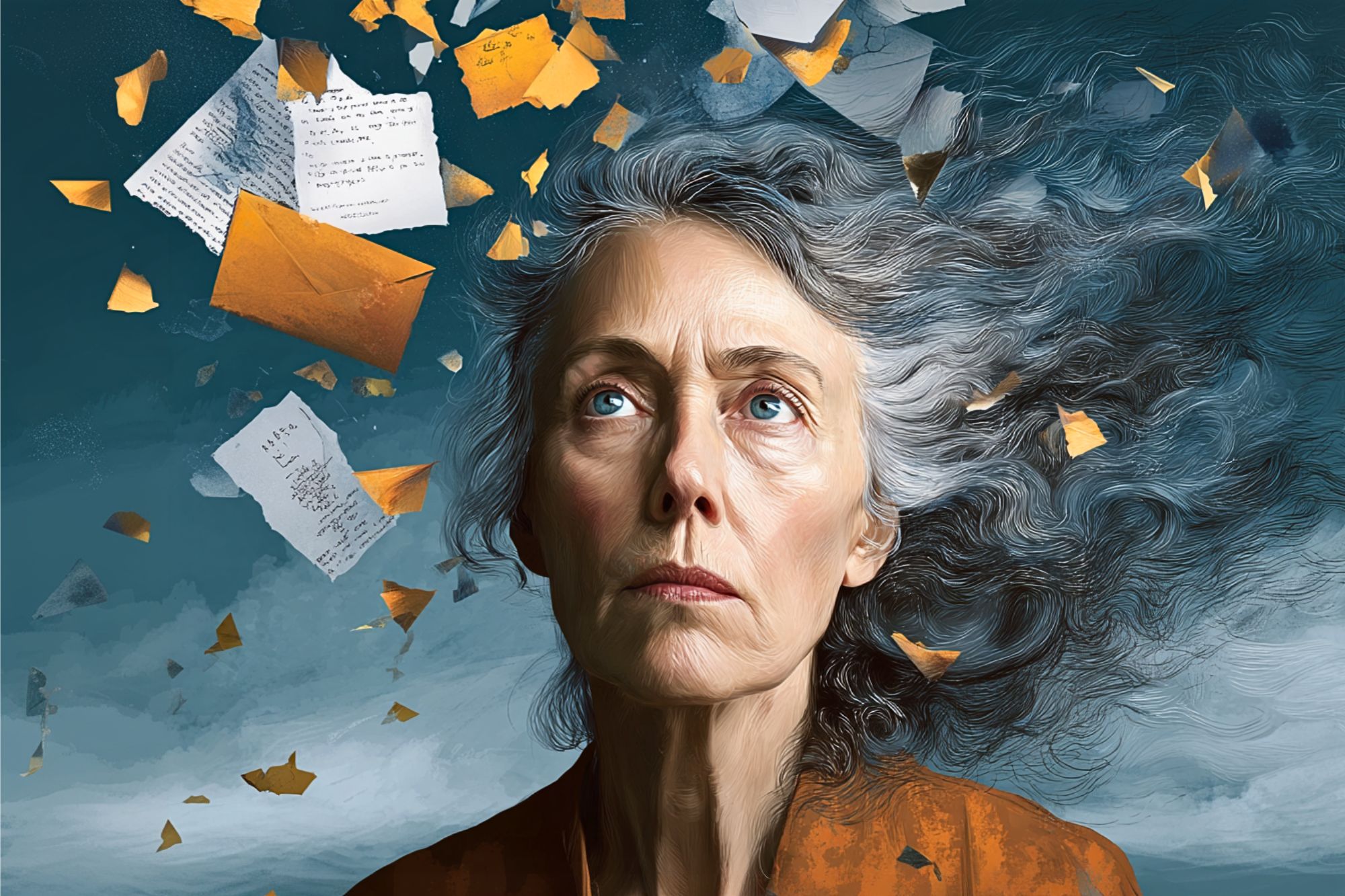 An older woman with gray hair looks upward as pages and fragments of paper swirl around her in the wind, creating a dramatic, contemplative scene against a dark blue background.