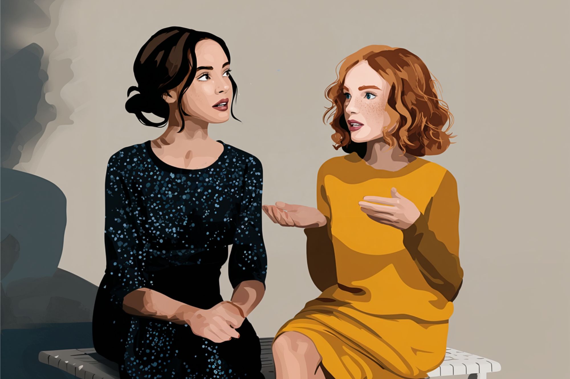 Two women sit on a bench having a conversation. One wears a dark blue patterned dress with her hair up, and the other wears a yellow dress with curly red hair, gesturing with her hands as she speaks.