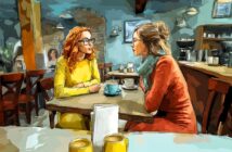 Two women sit across from each other at a small table in a cozy café, engaged in conversation. Each has a cup of coffee. The setting is warmly lit, with shelves and other patrons visible in the background.