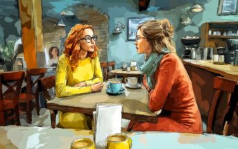 Two women sit across from each other at a small table in a cozy café, engaged in conversation. Each has a cup of coffee. The setting is warmly lit, with shelves and other patrons visible in the background.