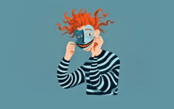 Illustration of a person with messy red hair in a striped shirt, holding a smiling mask in front of their face, while their real expression behind the mask appears sad. The background is teal.