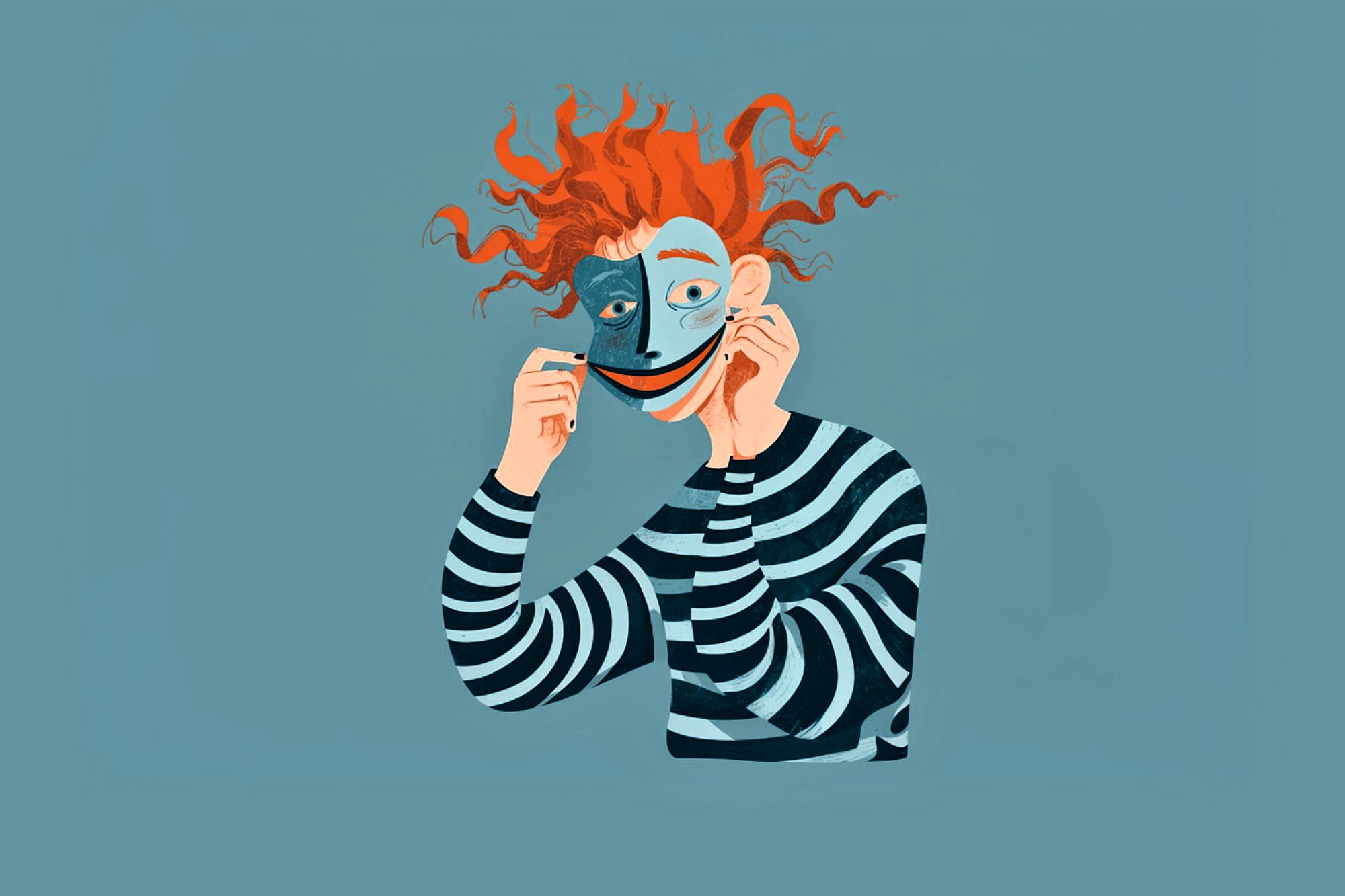 Illustration of a person with messy red hair in a striped shirt, holding a smiling mask in front of their face, while their real expression behind the mask appears sad. The background is teal.
