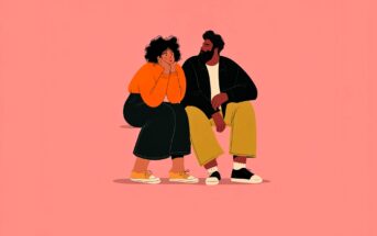 Illustration of two people sitting and talking against a pink background. One person wears an orange top and black skirt, the other wears a black jacket and yellow pants. Both appear engaged in conversation.