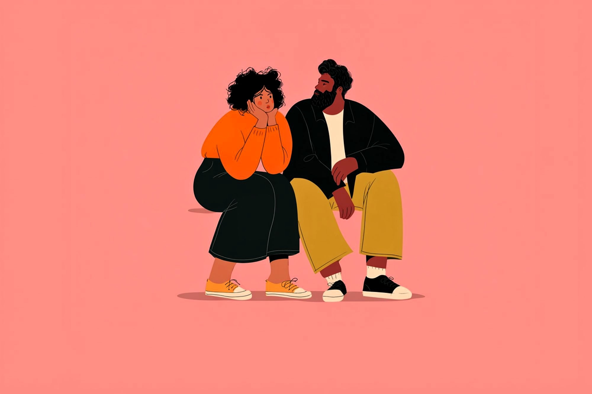 Illustration of two people sitting and talking against a pink background. One person wears an orange top and black skirt, the other wears a black jacket and yellow pants. Both appear engaged in conversation.