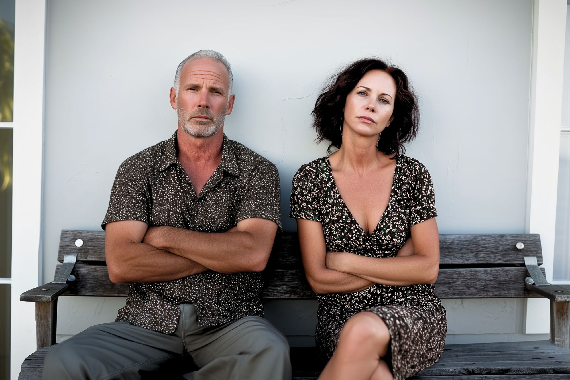 A middle-aged man and woman sit on a bench with arms crossed, looking serious. Both wear casual, patterned clothing. The background is a plain, light-colored wall.