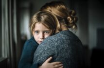 A young child with blue eyes hugs an adult, looking solemnly at the camera while the adult faces away. They both wear dark sweaters, and the background is softly blurred, creating a somber, comforting atmosphere.