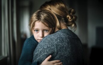 A young child with blue eyes hugs an adult, looking solemnly at the camera while the adult faces away. They both wear dark sweaters, and the background is softly blurred, creating a somber, comforting atmosphere.