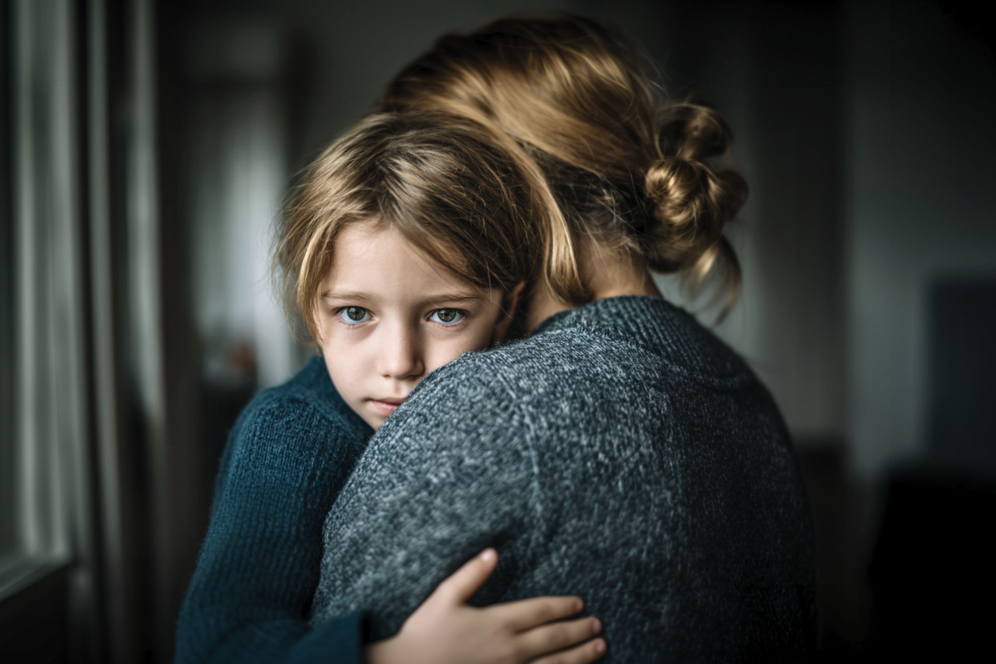 A young child with blue eyes hugs an adult, looking solemnly at the camera while the adult faces away. They both wear dark sweaters, and the background is softly blurred, creating a somber, comforting atmosphere.
