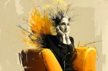 A person sits on a yellow chair, resting their face on their hands, with abstract yellow and black splashes radiating from their head, symbolizing intense thought or creativity.