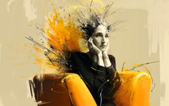 A person sits on a yellow chair, resting their face on their hands, with abstract yellow and black splashes radiating from their head, symbolizing intense thought or creativity.
