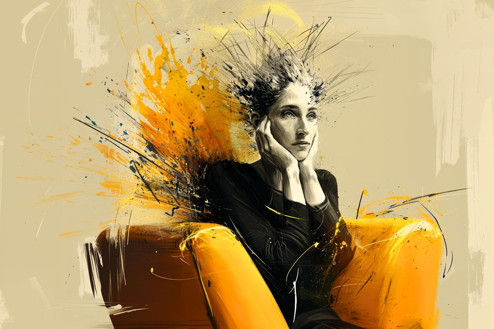 A person sits on a yellow chair, resting their face on their hands, with abstract yellow and black splashes radiating from their head, symbolizing intense thought or creativity.