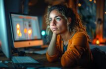 A woman with curly hair wearing an orange sweater sits at a desk, looking thoughtfully at a computer screen. The room is softly lit with warm lights, creating a cozy atmosphere.