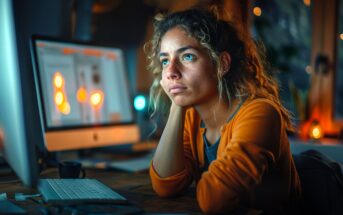 A woman with curly hair wearing an orange sweater sits at a desk, looking thoughtfully at a computer screen. The room is softly lit with warm lights, creating a cozy atmosphere.