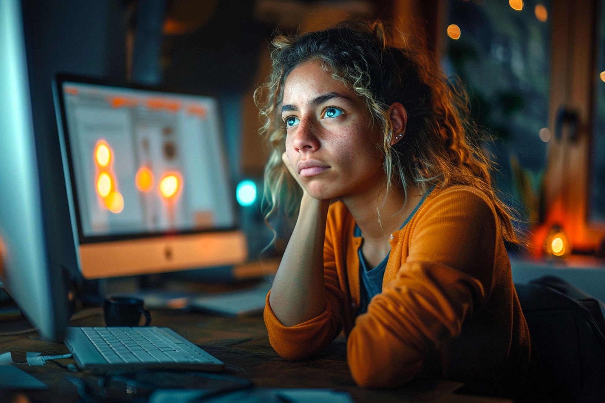A woman with curly hair wearing an orange sweater sits at a desk, looking thoughtfully at a computer screen. The room is softly lit with warm lights, creating a cozy atmosphere.