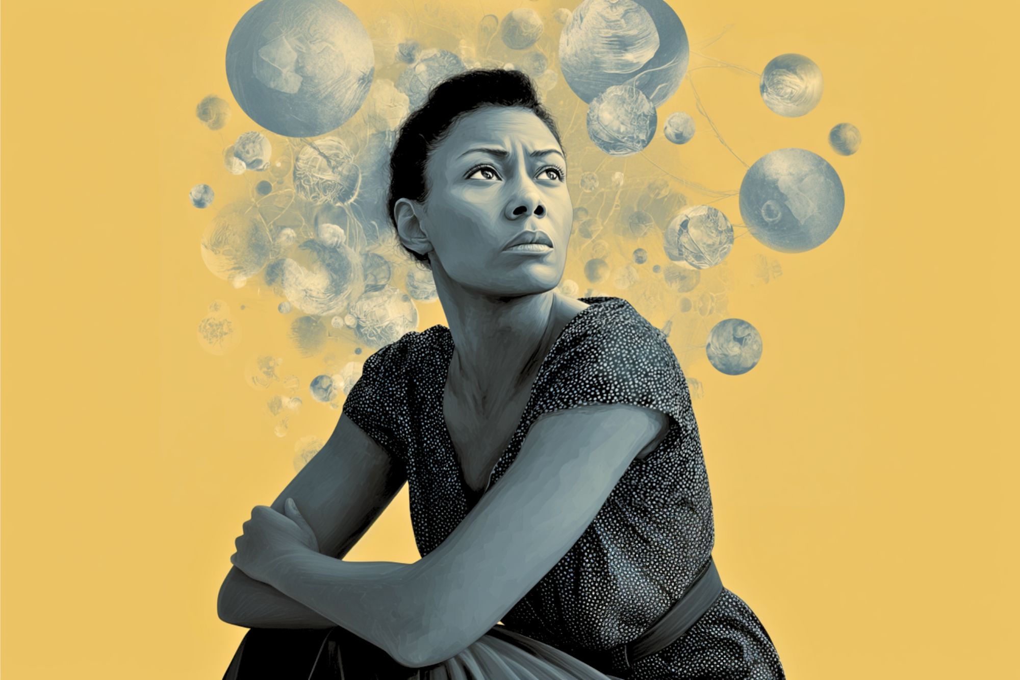 A woman with a thoughtful expression sits with arms crossed, looking upward. Abstract floating spheres surround her head, suggesting contemplation. The background is solid yellow.