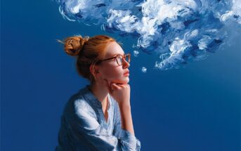 A person with glasses and a bun rests their chin on their hand as a large, painted-style cloud emerges from their mouth.