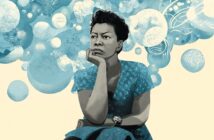 A woman in a patterned blue dress sits with her chin resting on her hand, looking thoughtful. Abstract blue and white bubbles and swirls fill the background, suggesting imagination or contemplation.