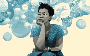 A woman in a patterned blue dress sits with her chin resting on her hand, looking thoughtful. Abstract blue and white bubbles and swirls fill the background, suggesting imagination or contemplation.