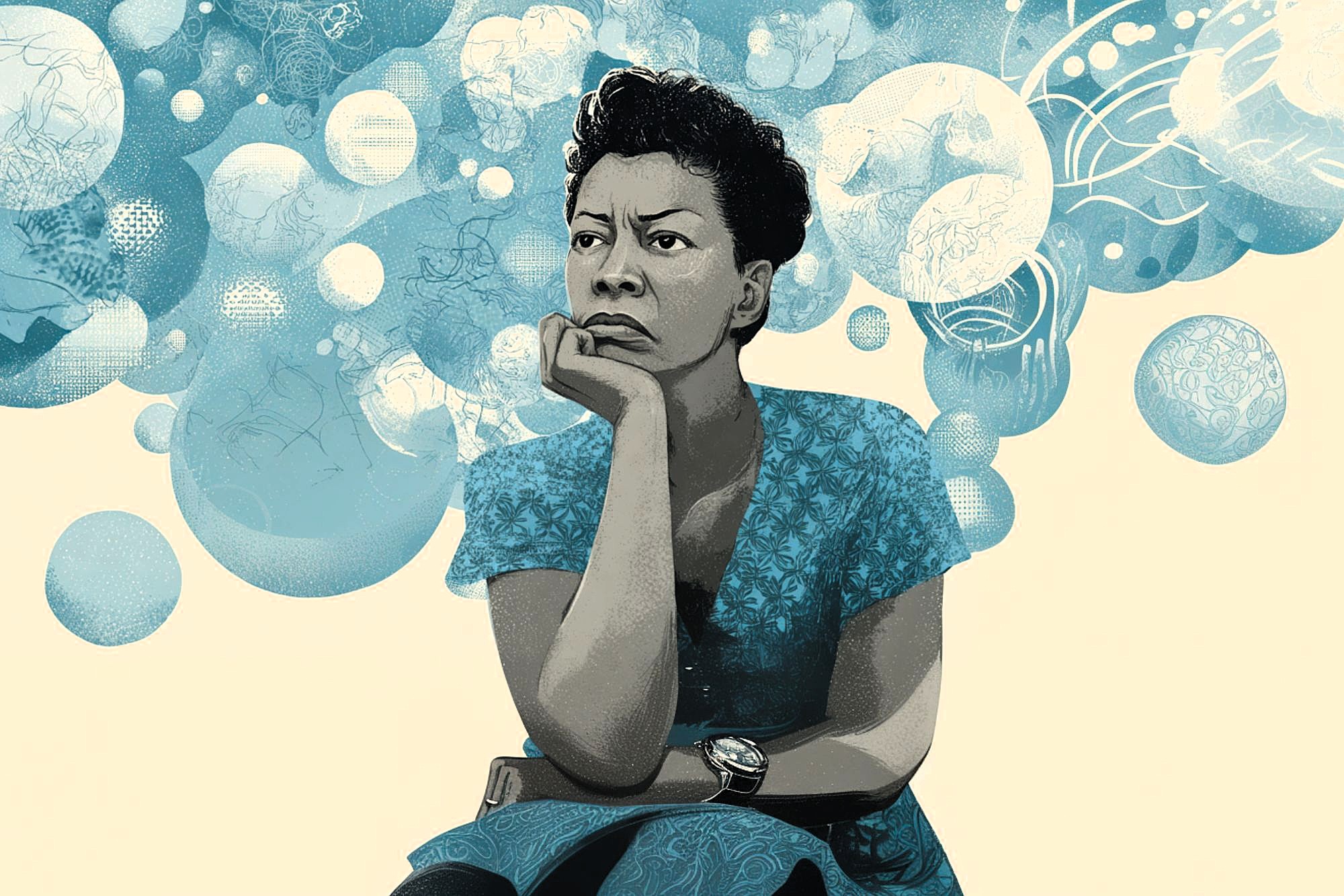 A woman in a patterned blue dress sits with her chin resting on her hand, looking thoughtful. Abstract blue and white bubbles and swirls fill the background, suggesting imagination or contemplation.