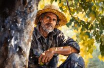 A man with a beard wearing a straw hat and a worn shirt sits under a tree, surrounded by sunlight filtering through green leaves, looking thoughtfully into the distance.